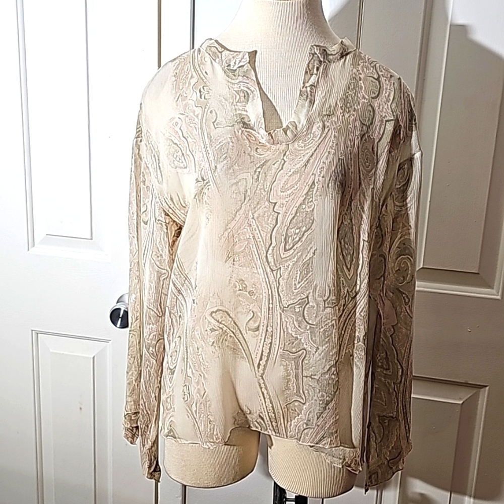 Silk Chiffon Newport‎ News, Y2K blouse. Size 12. Paisley moss green/light pink.